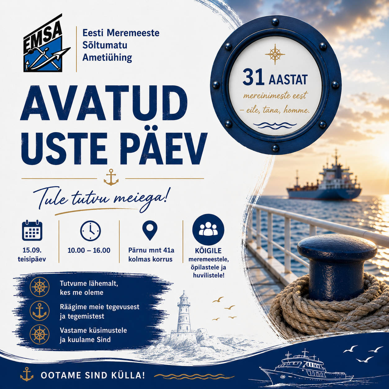 Eesti Meremeeste Sõltumatu Ametiühingu (EMSA) Avatud uste päeva plakat.